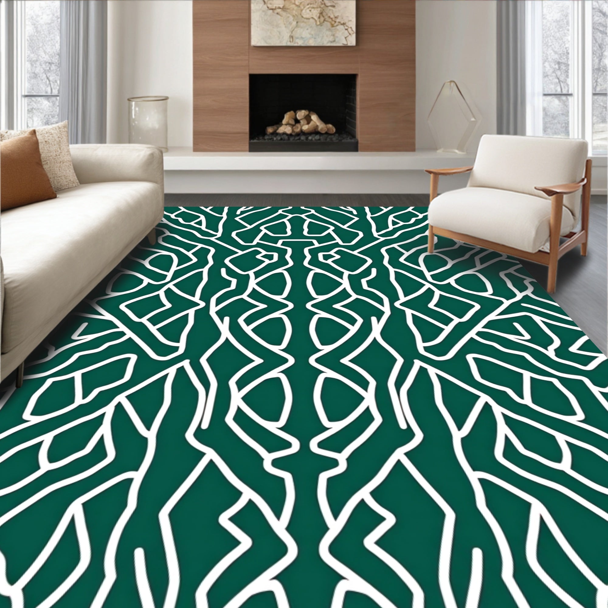 Deep Green Abstract Interlocking Lines Rug