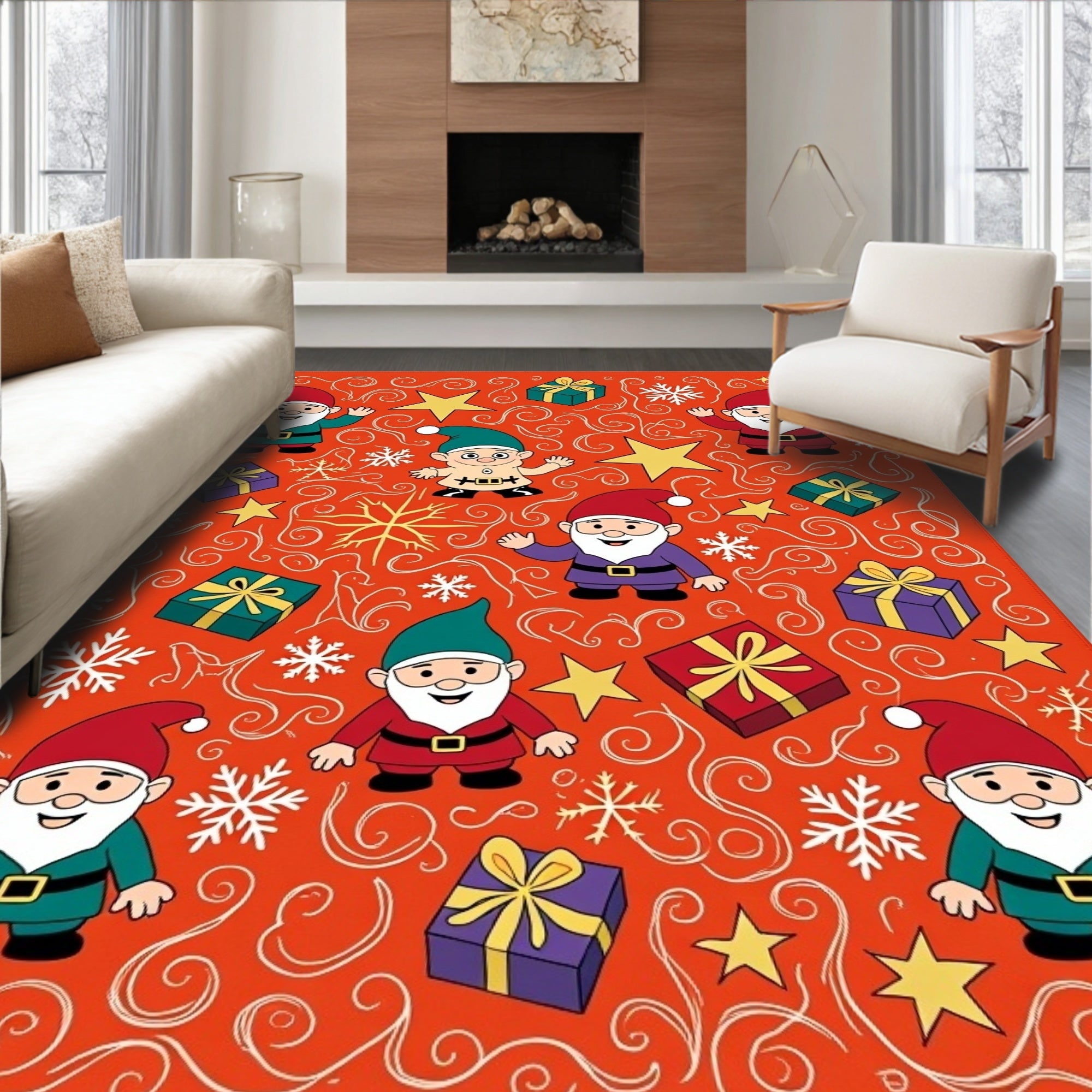 Festive Gnomes Gifts and Snowflakes Whimsy Rug