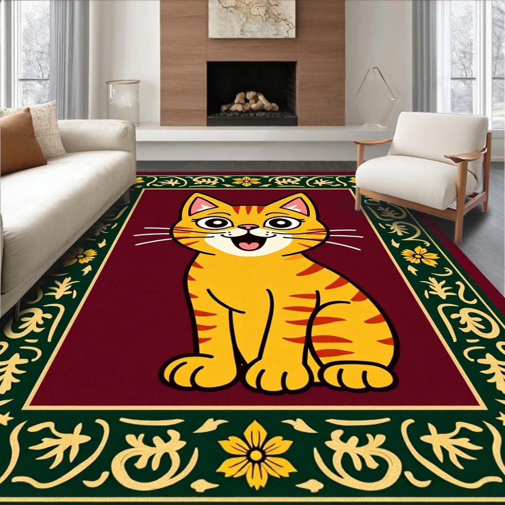 Retro Orange Striped Cat Floral Border Rug