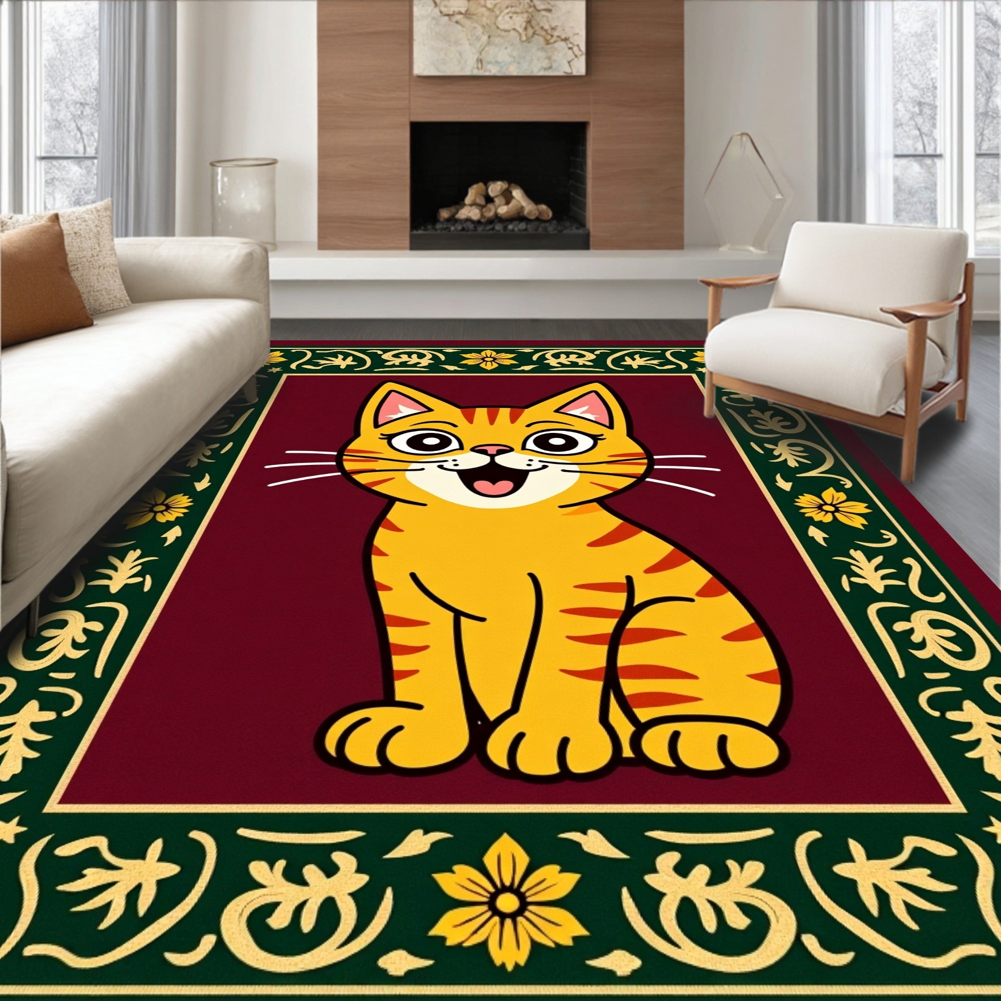 Retro Orange Striped Cat Floral Border Rug