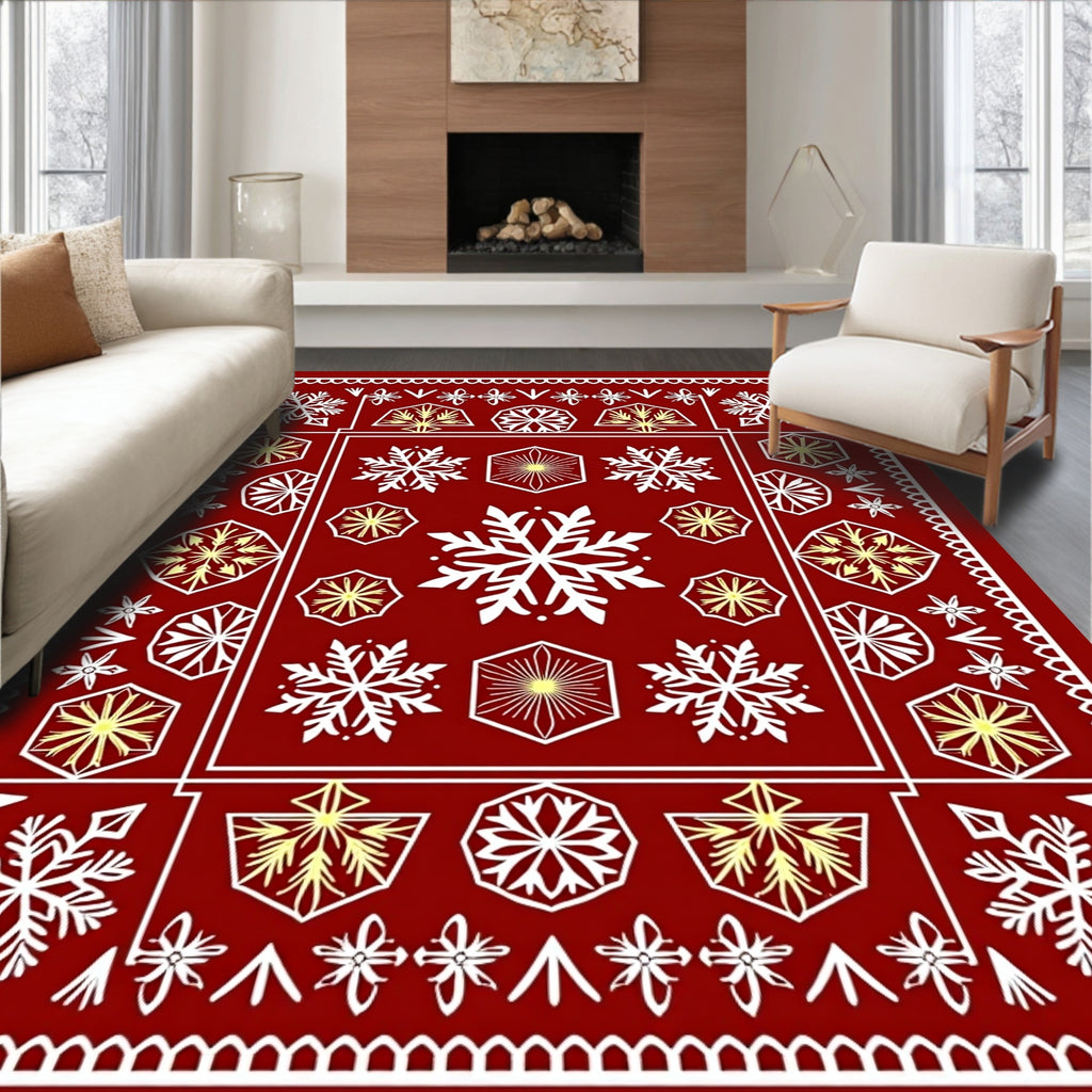 Deep Red Winter Snowflake Medallion Rug