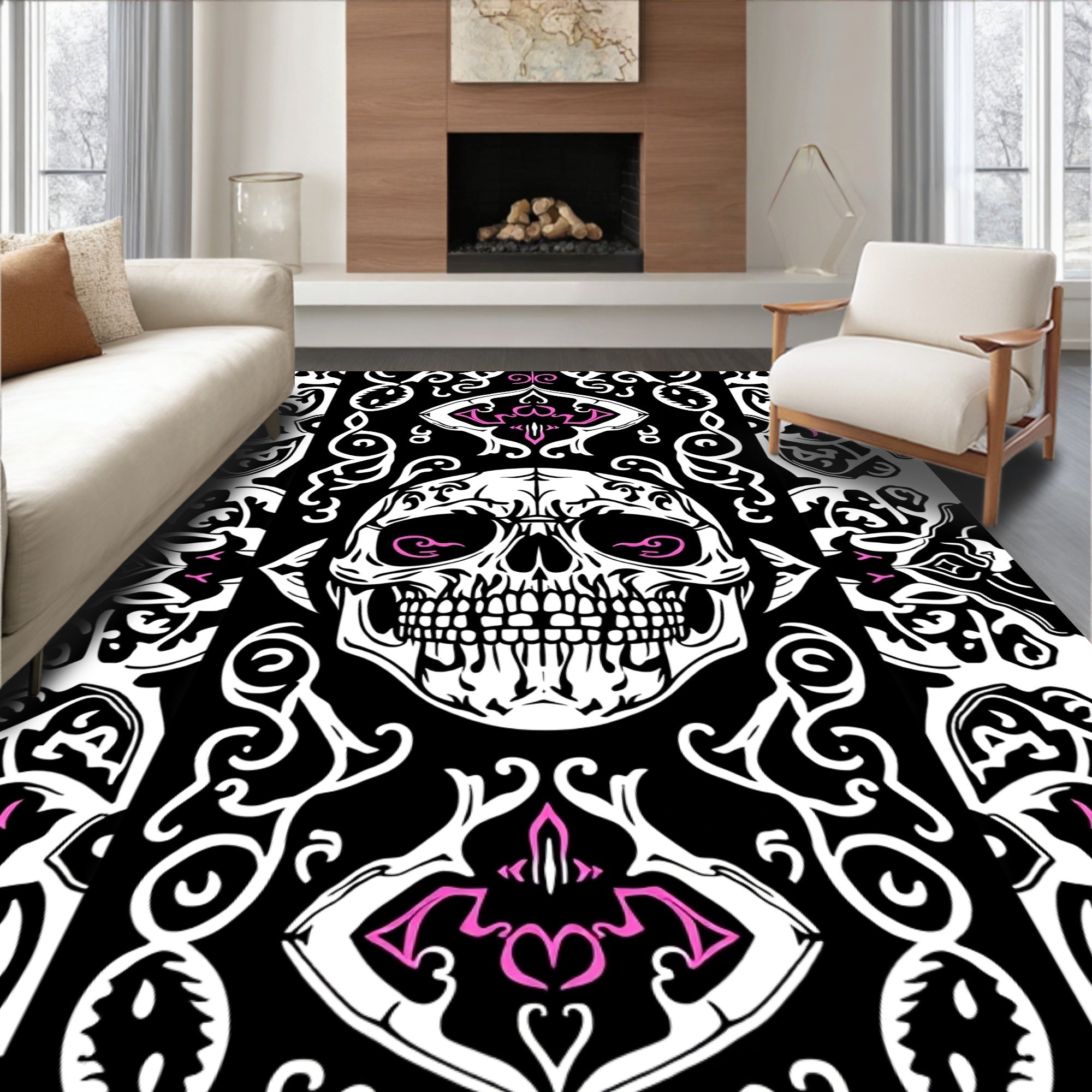 Gothic Skull Black Pink Accents Rug