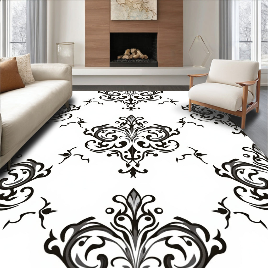 Black White Damask Scrollwork Accents Rug