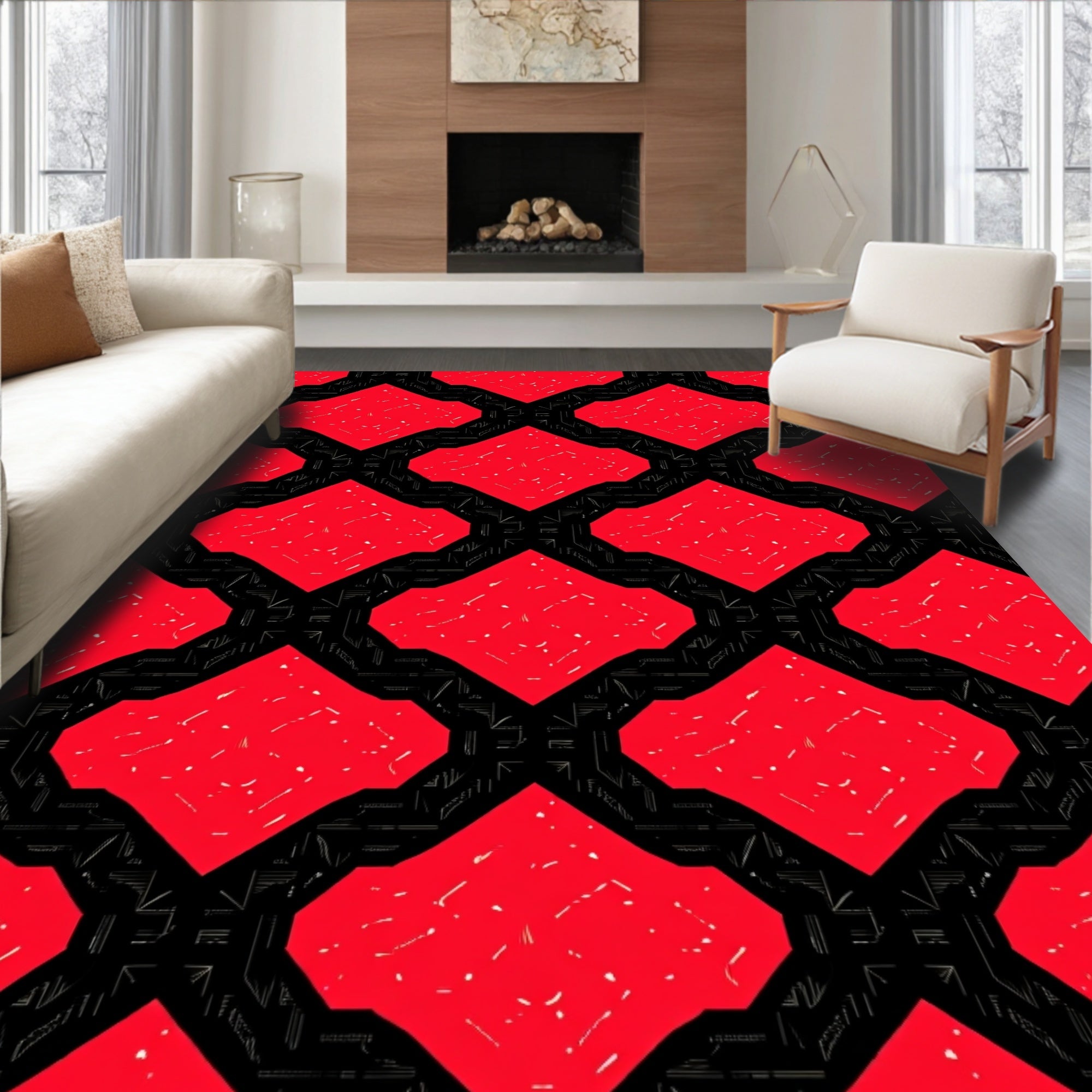 Bold Red Geometric Interlocking Shapes Rug