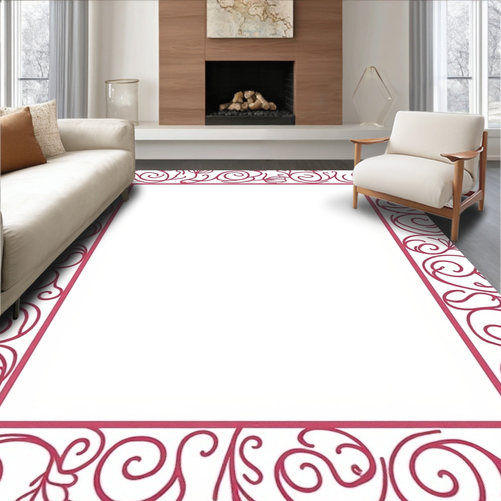 Whimsical Magenta Floral Swirl Border Rug