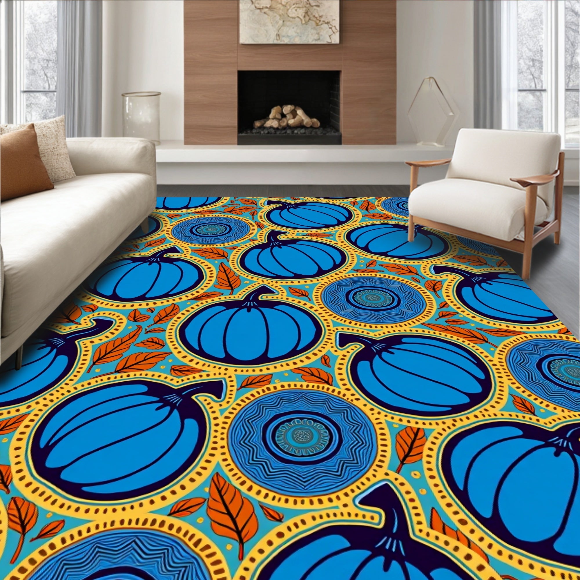 Vibrant Blue Pumpkin Autumn Medallion Rug