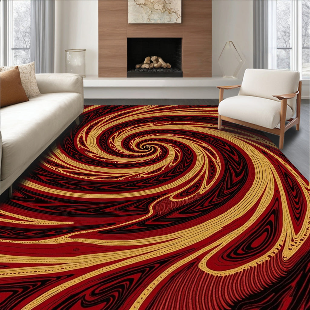 Crimson Gold Swirl Abstract Rug
