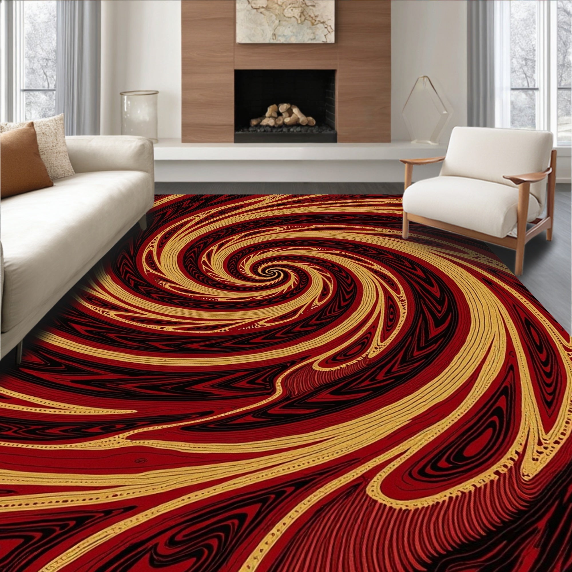 Crimson Gold Swirl Abstract Rug