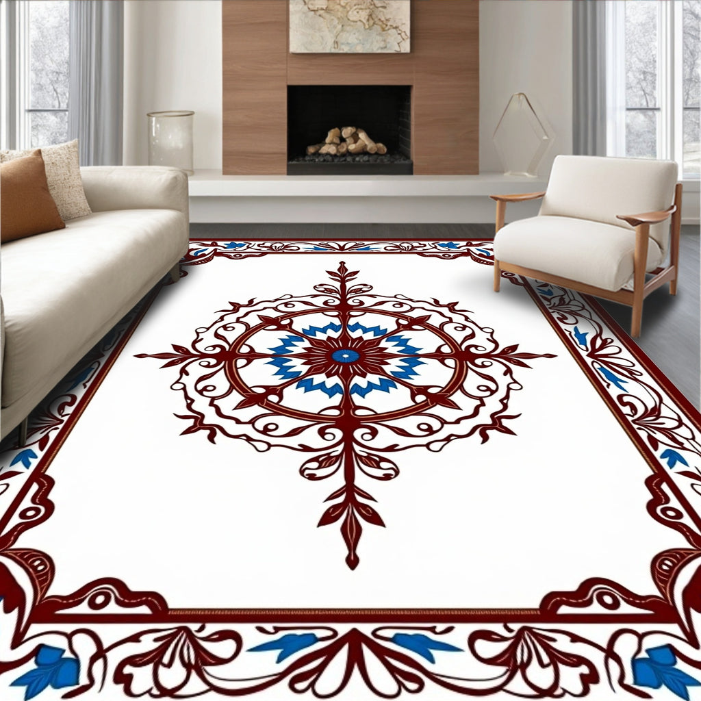 Rich Burgundy Blue Floral Medallion Rug