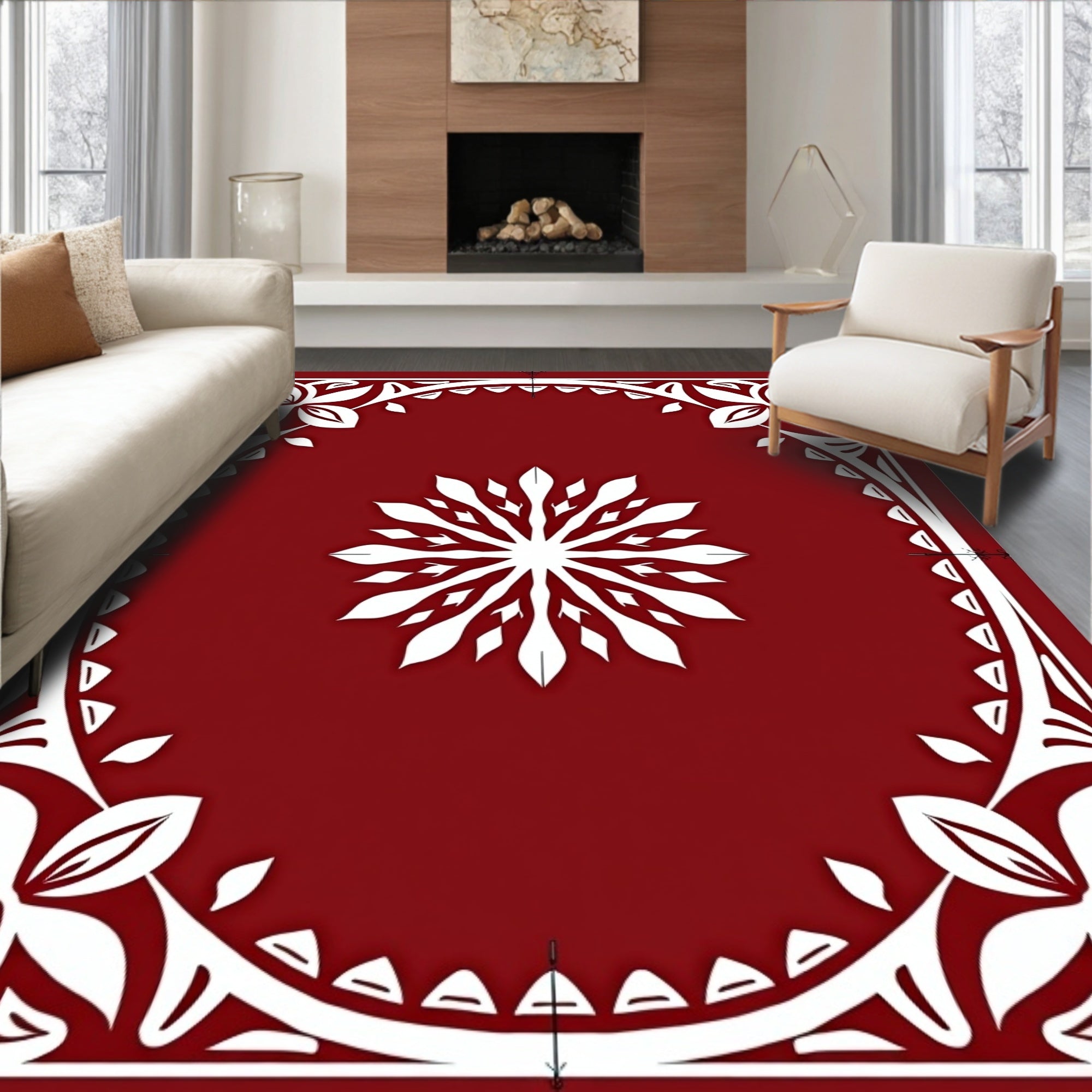 Deep Red Floral Sunburst Medallion Rug