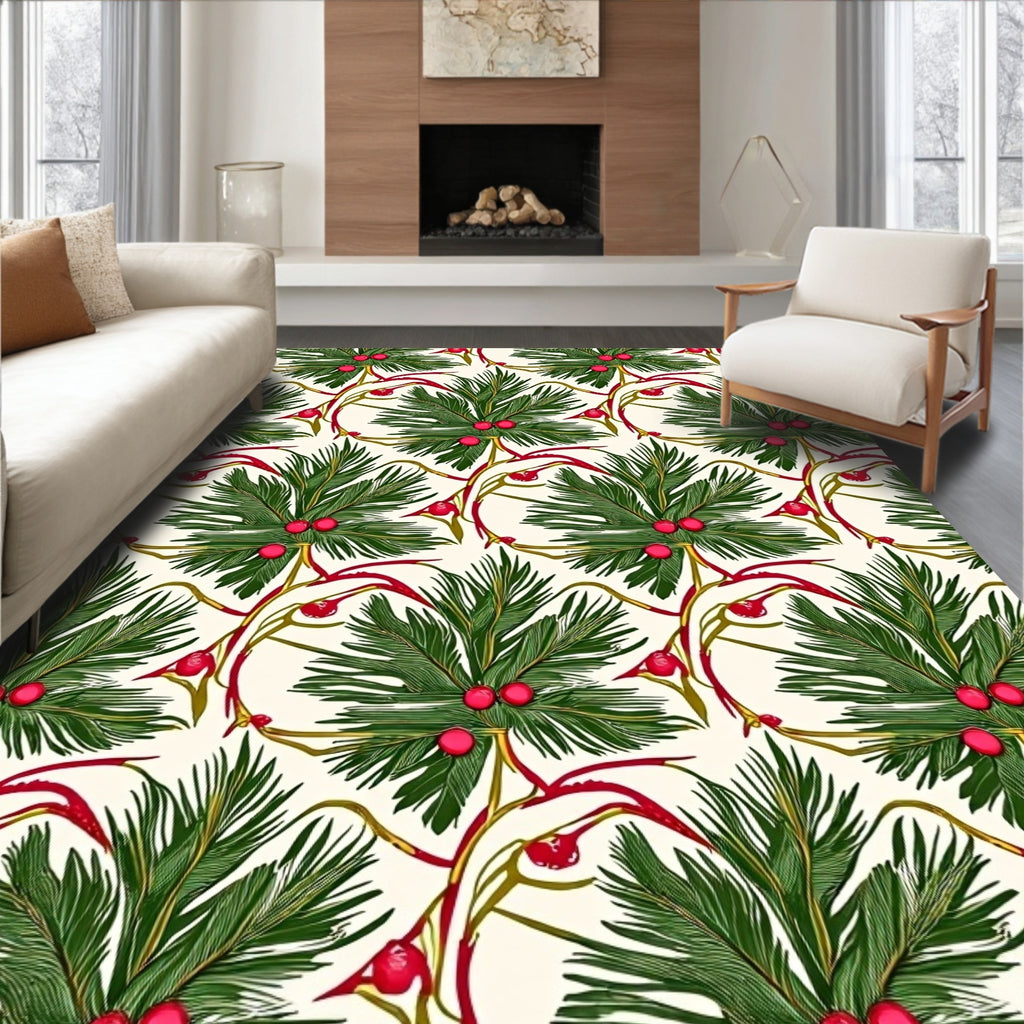 Red Berry Evergreen Branch Repeating Rug