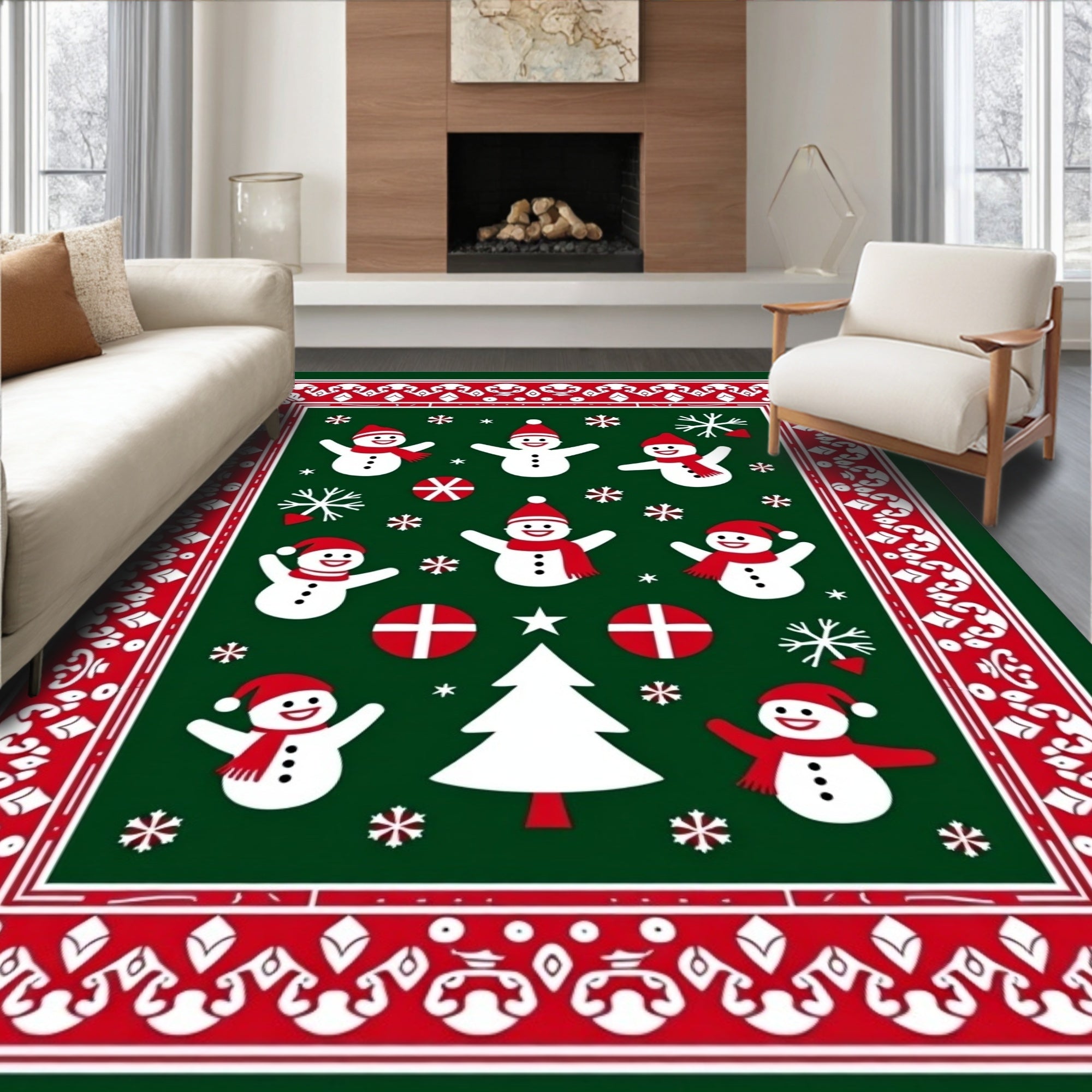 Joyful Snowman Christmas Tree Border Rug