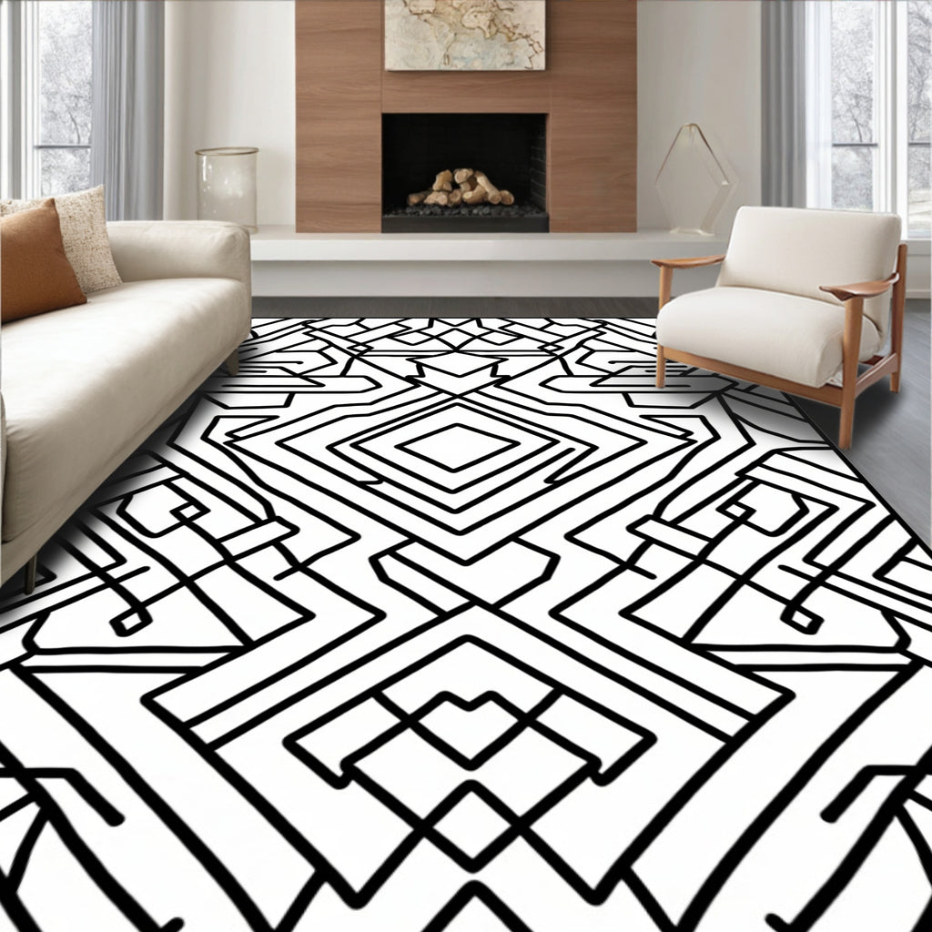 Bold Black Geometric Interlocking Shapes Rug