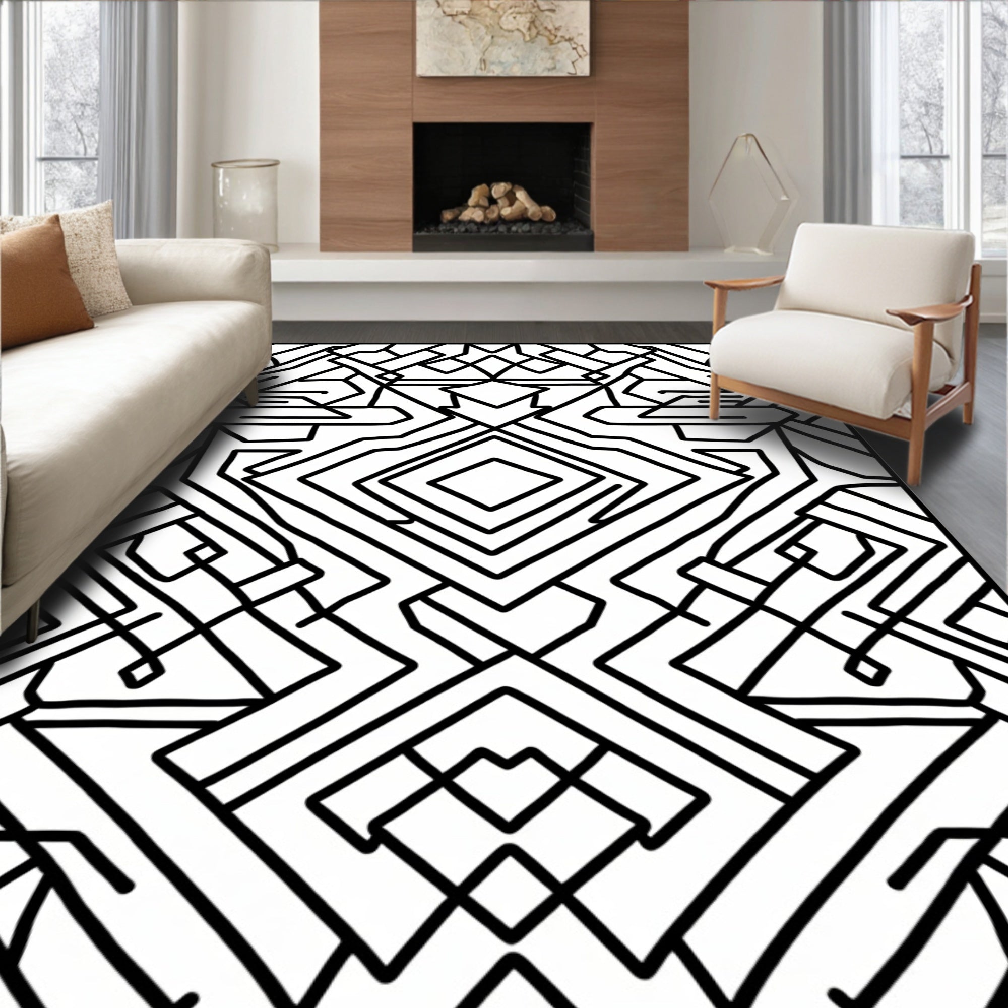 Bold Black Geometric Interlocking Shapes Rug