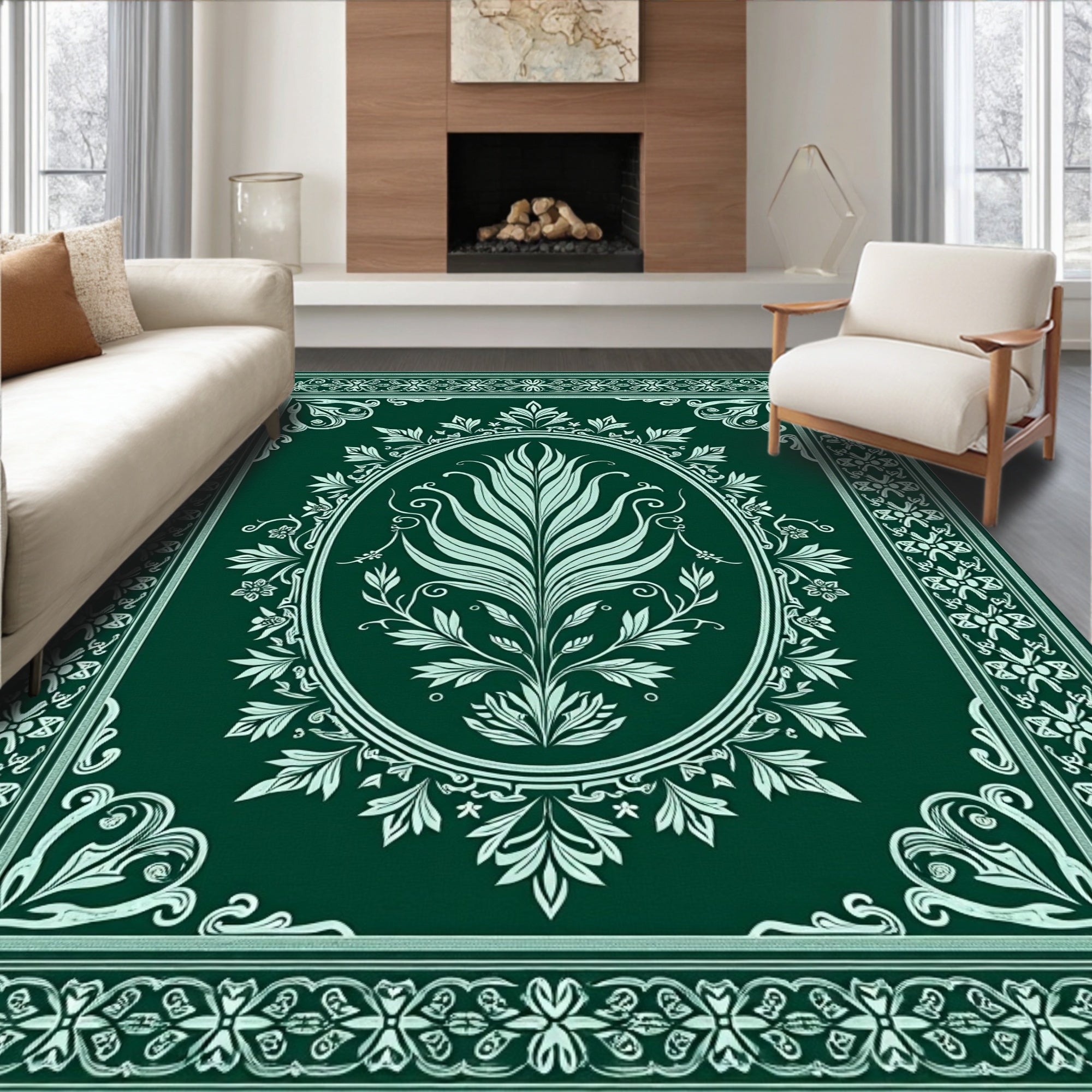 Deep Forest Green Botanical Oval Rug