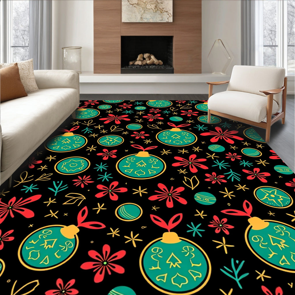 Teal Yellow Red Christmas Ornaments Rug