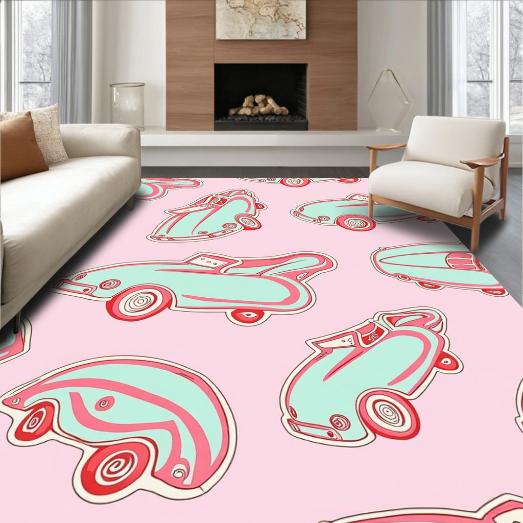Retro Teal Pink Toy Car Collage Rug