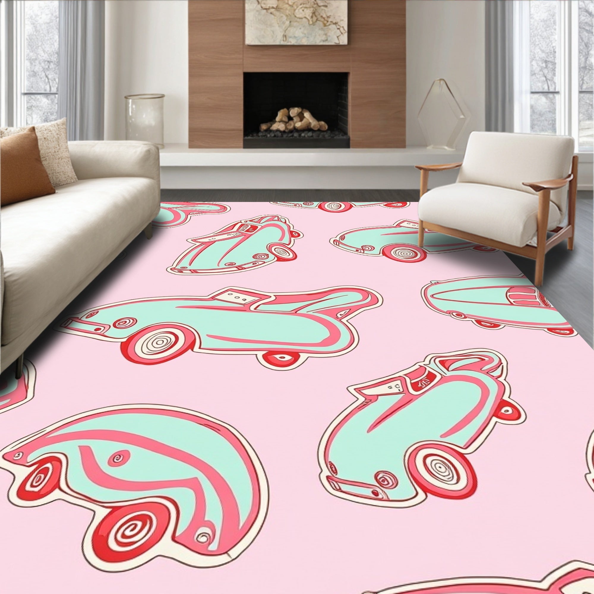 Retro Teal Pink Toy Car Collage Rug
