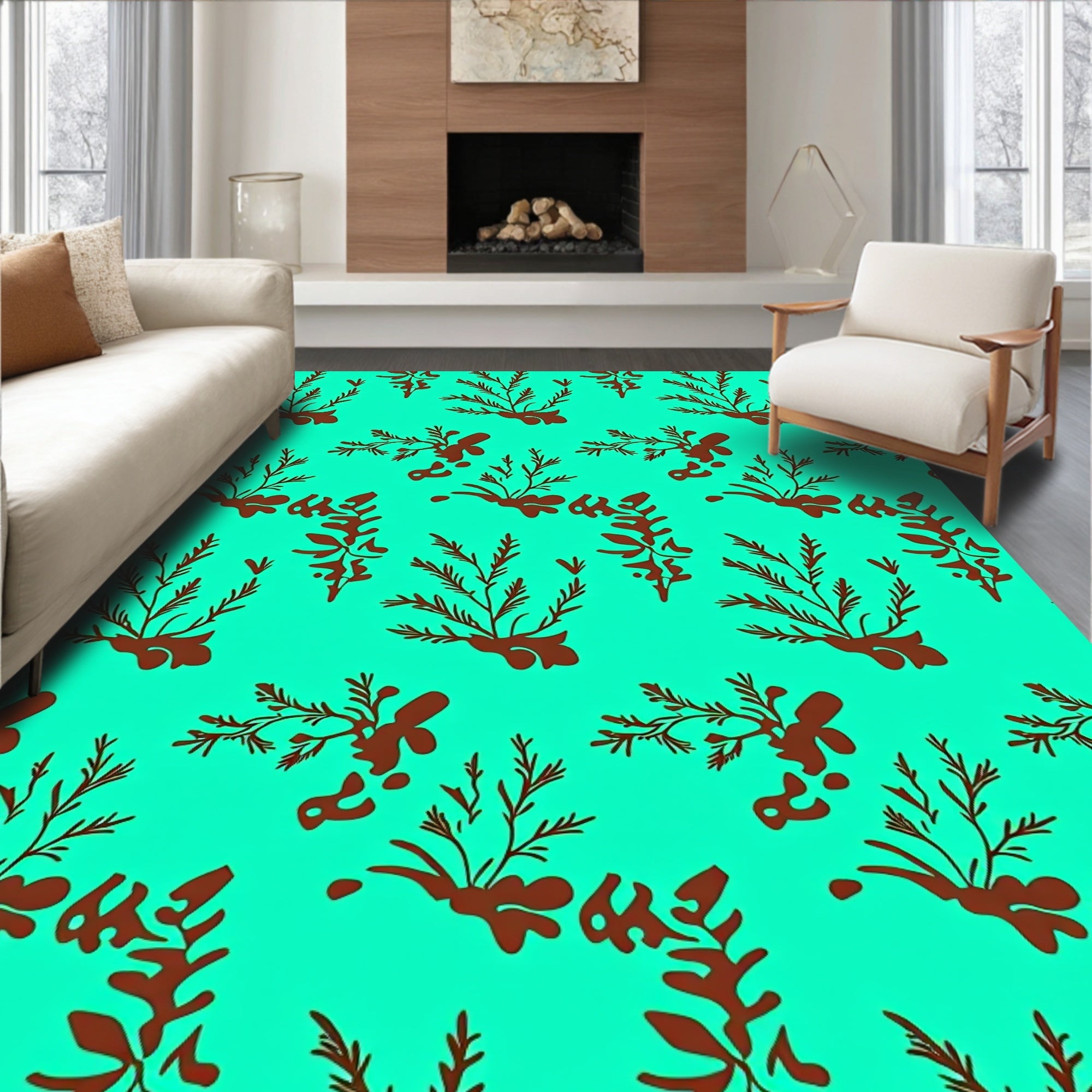 Aqua Brown Botanical Branch Arrangement Rug