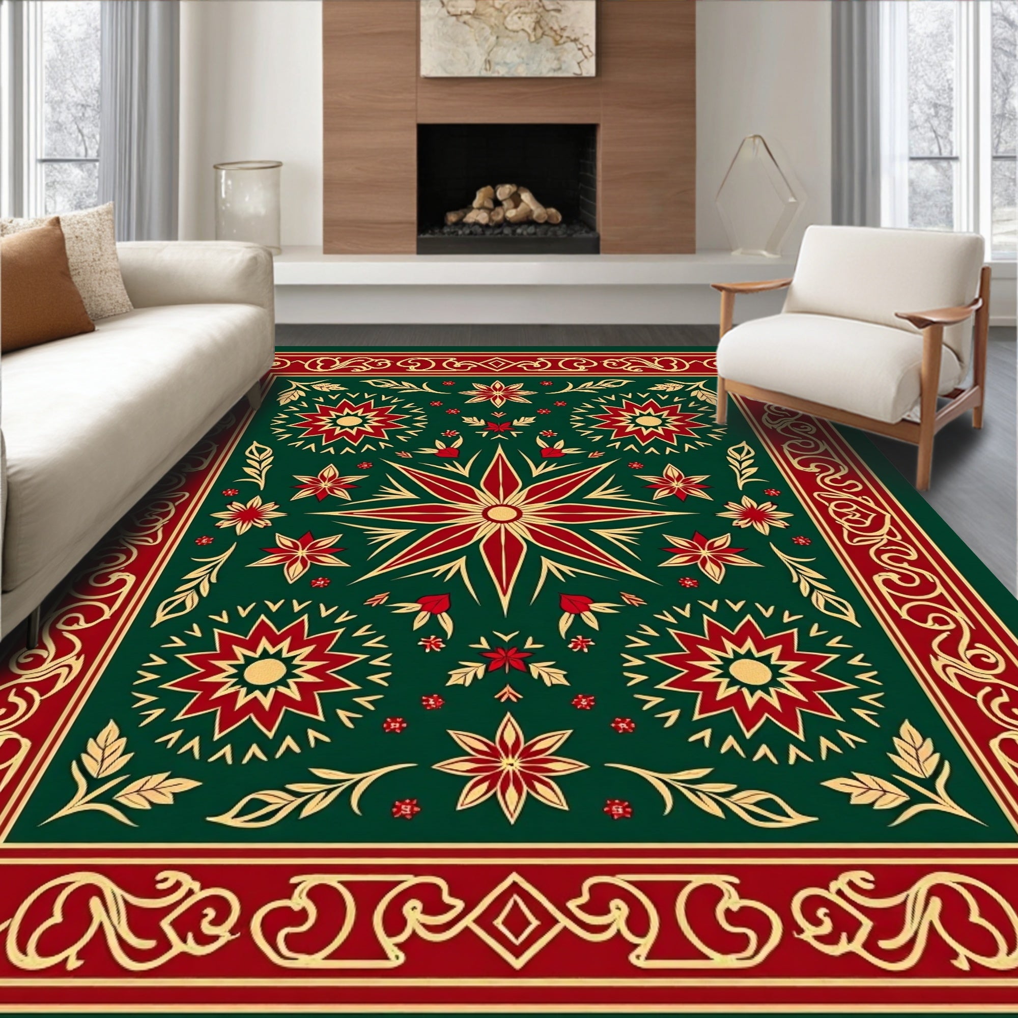 Emerald Red Medallion Floral Border Rug