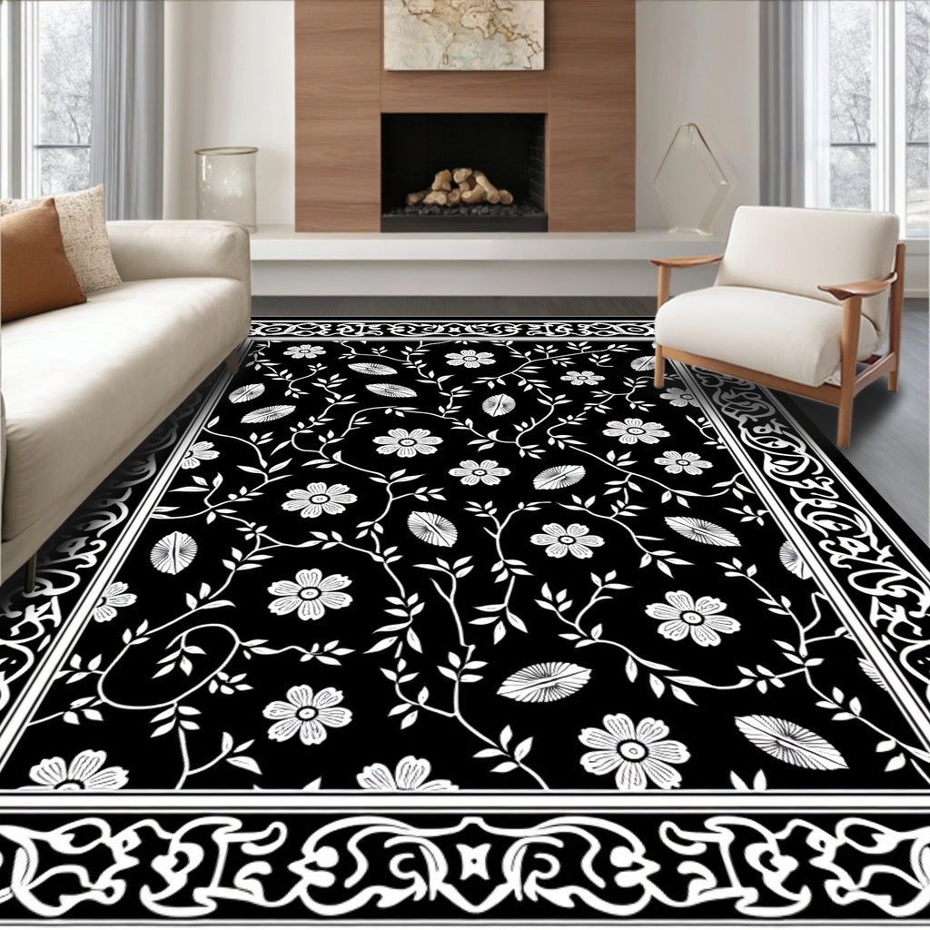 Black White Floral Vines Border Rug