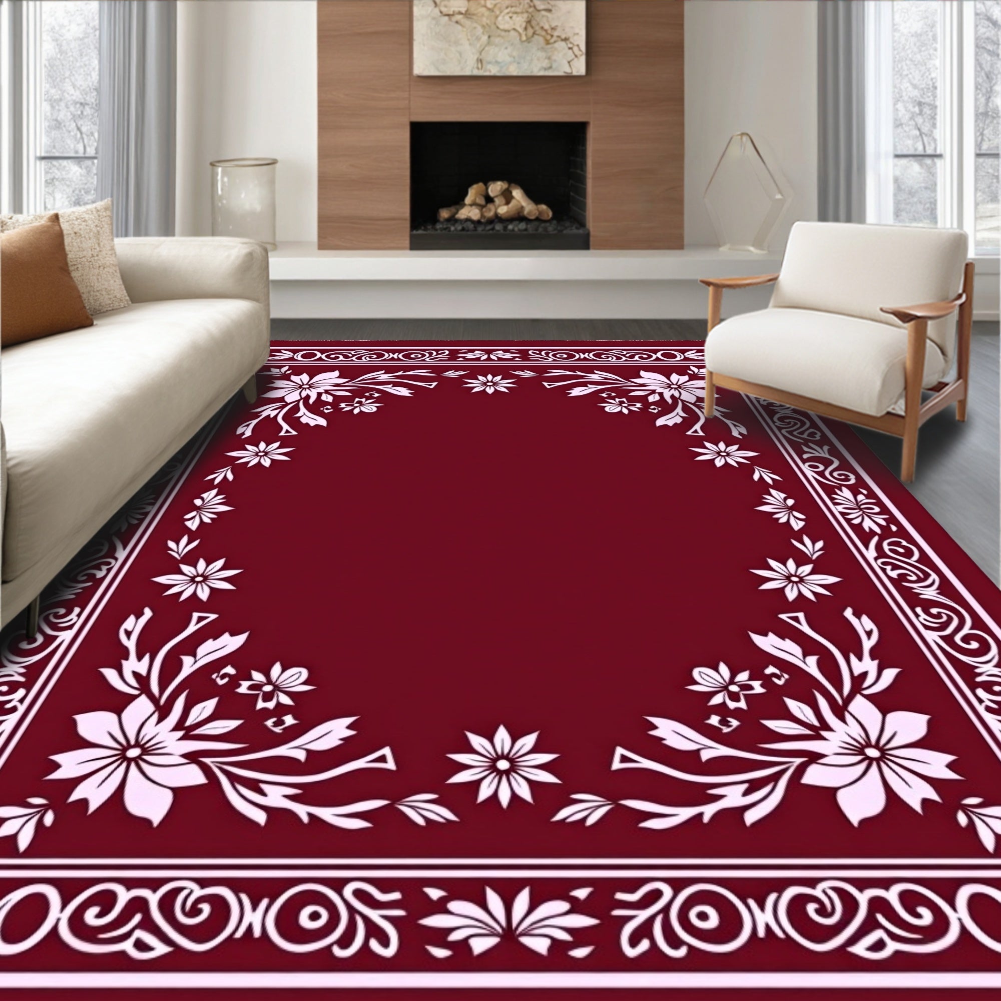 Crimson White Floral Scroll Border Rug
