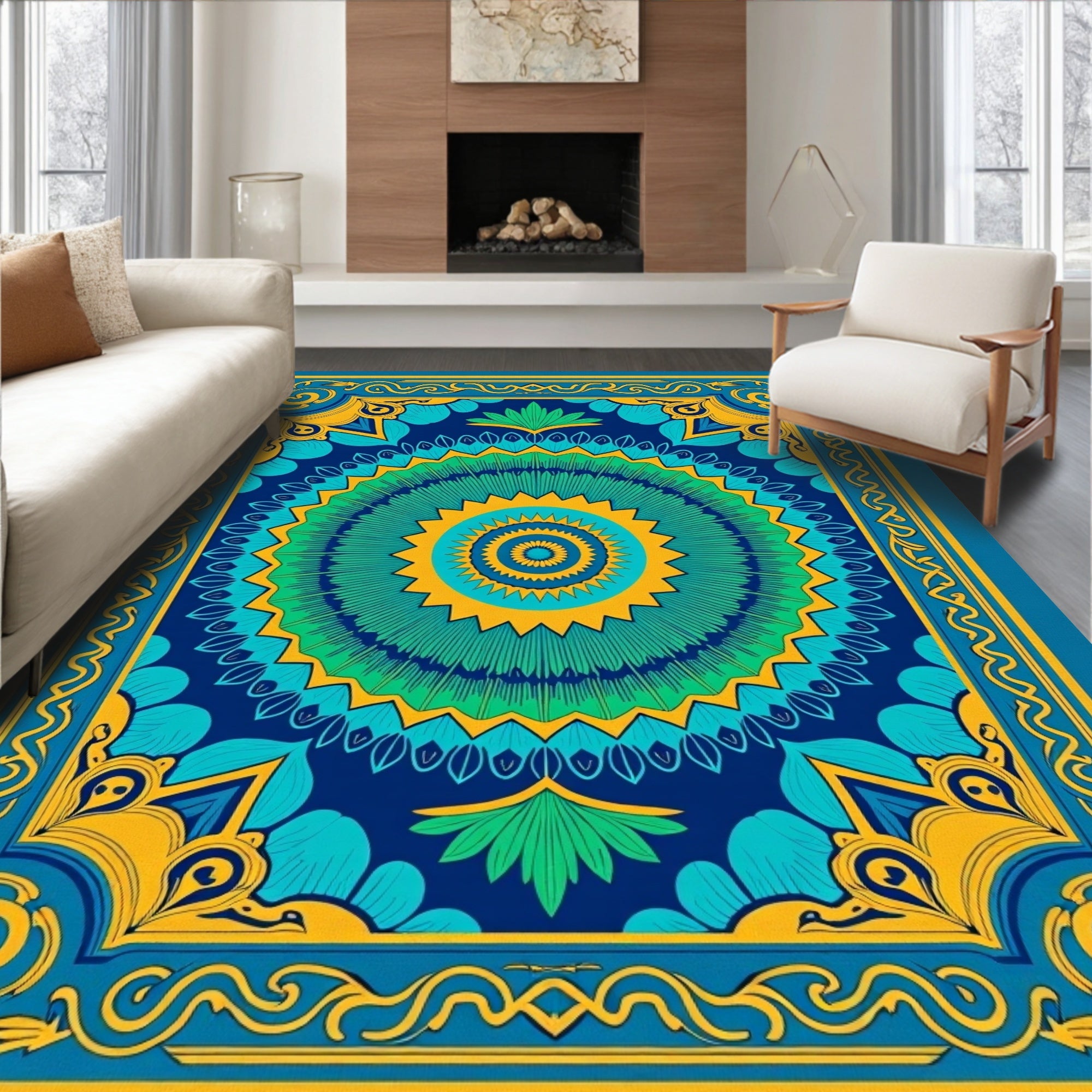 Vibrant Blue Green Sunburst Medallion Rug