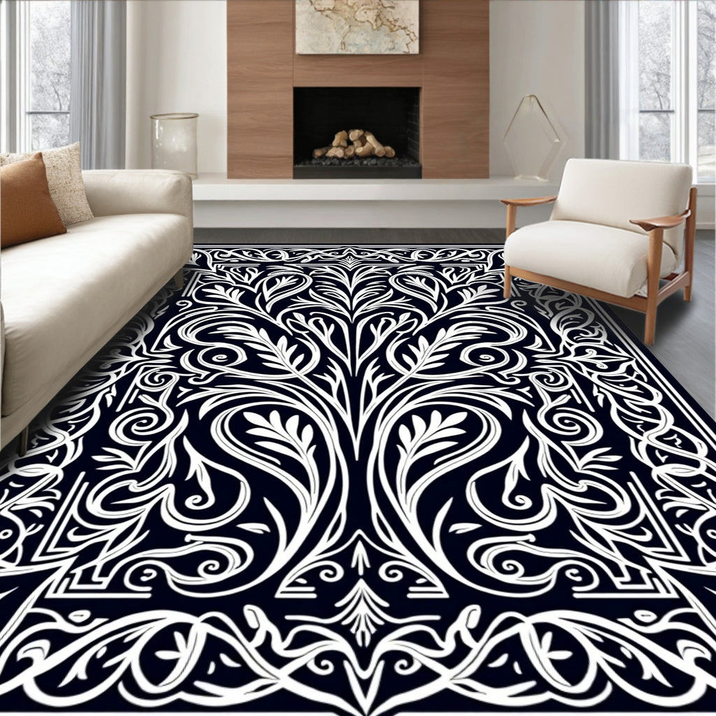 Dark Navy White Baroque Scroll Foliage Rug