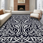 Dark Navy White Baroque Scroll Foliage Rug