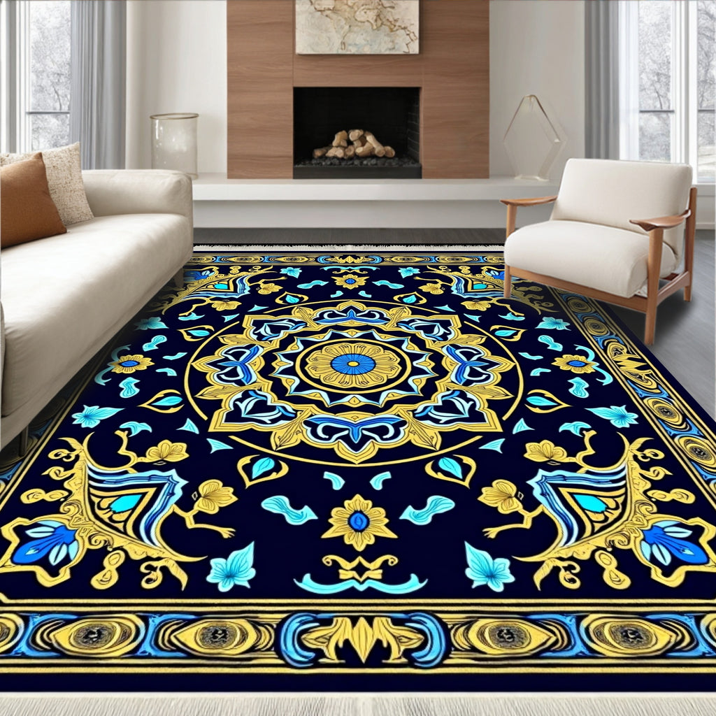 Ornate Blue Gold Floral Medallion Rug