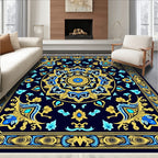 Ornate Blue Gold Floral Medallion Rug
