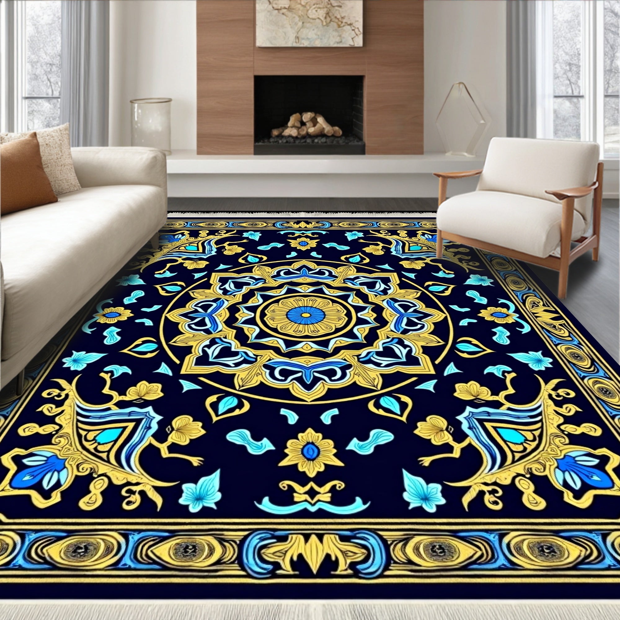 Ornate Blue Gold Floral Medallion Rug