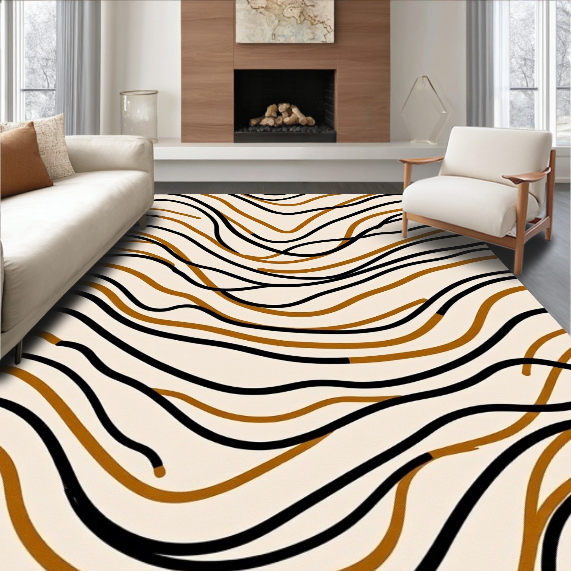 Cream Black Copper Wave Lines Rug