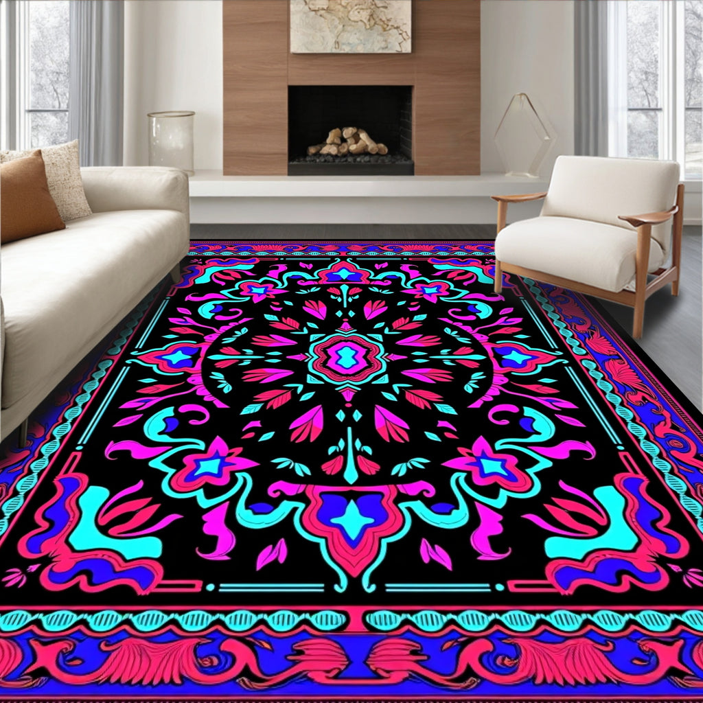Vibrant Magenta Blue Floral Mandala Rug