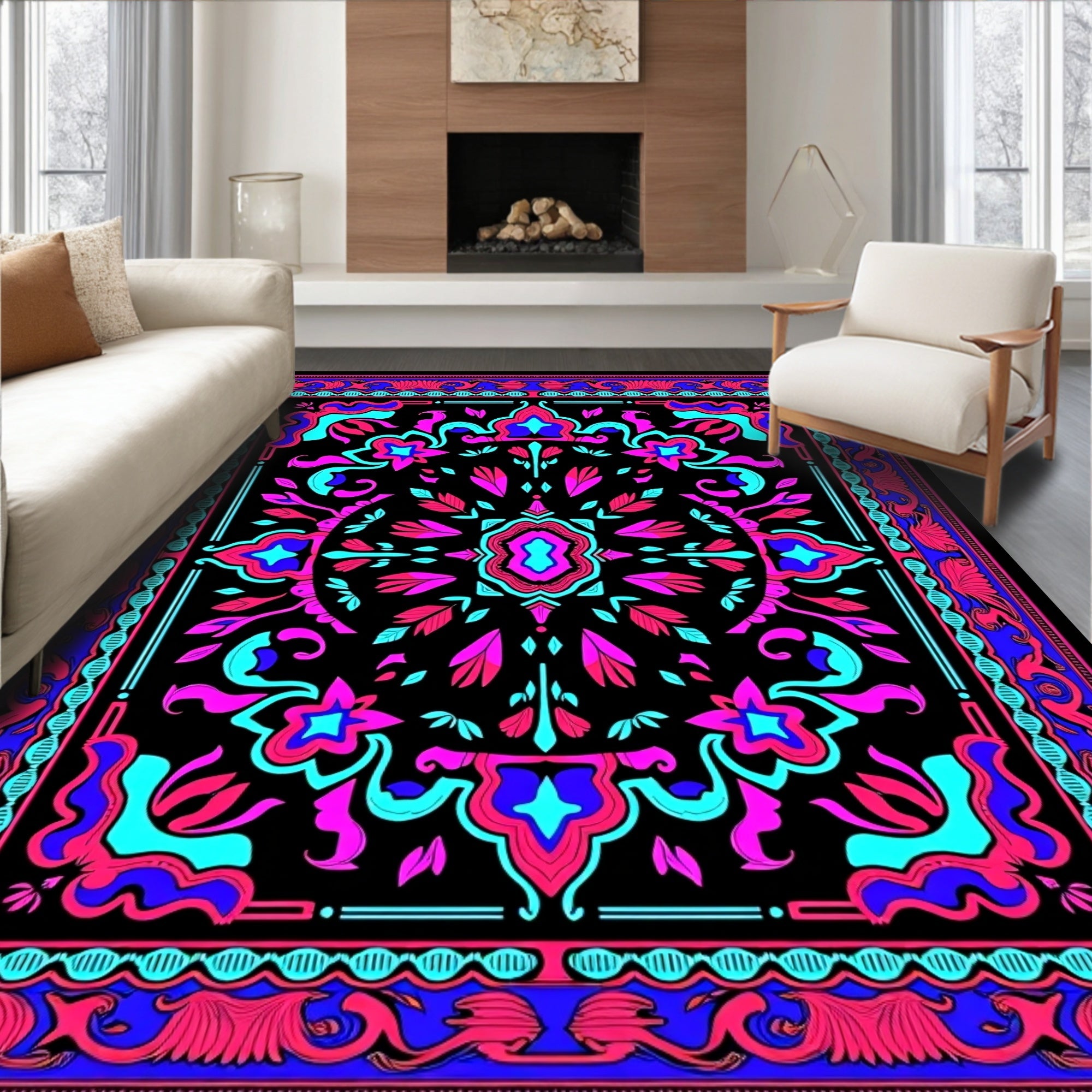 Vibrant Magenta Blue Floral Mandala Rug