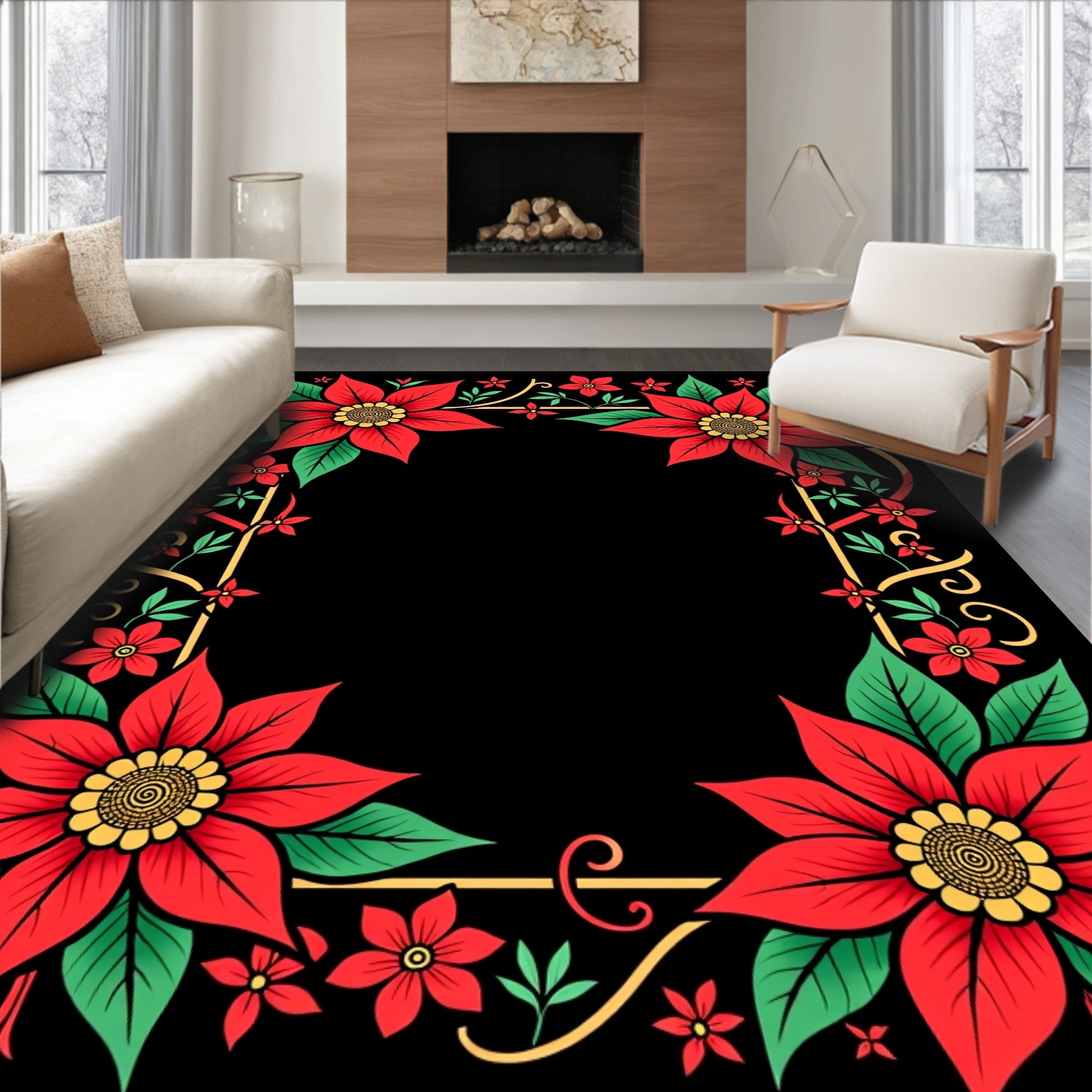 Red Poinsettia Floral Frame Rug
