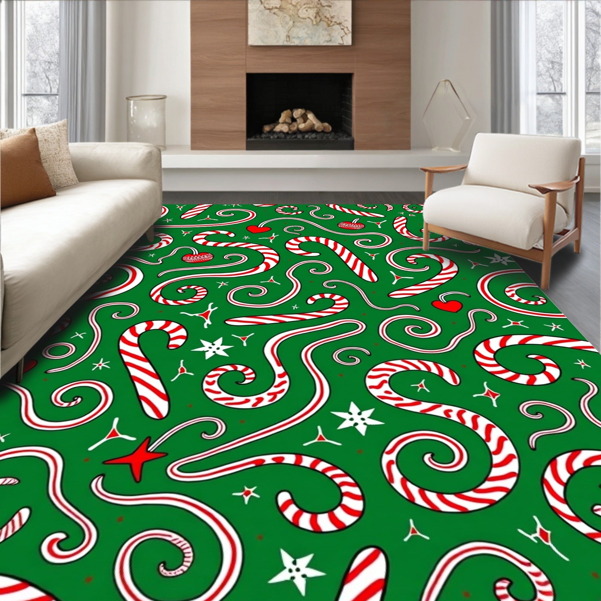 Festive Candy Cane Swirls and Hearts Rug