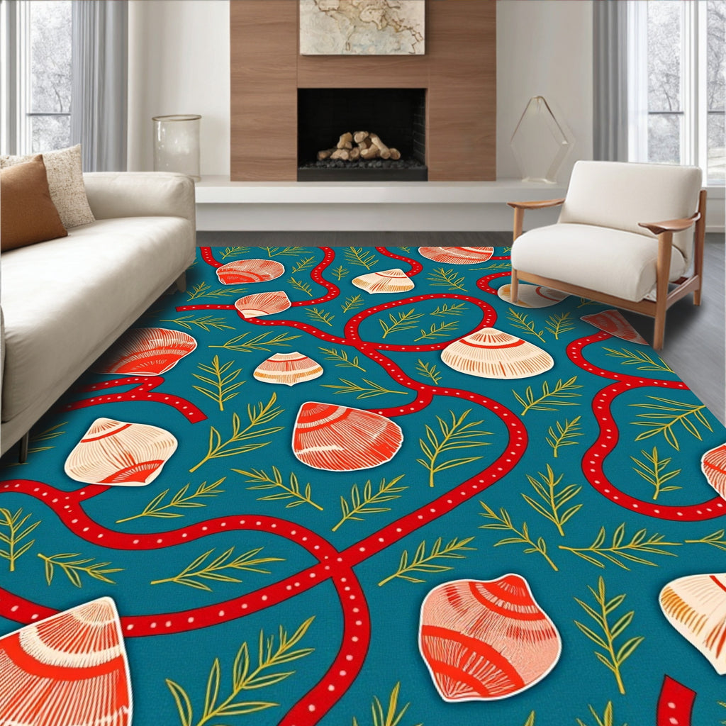 Teal Red Shell Foliage Medallion Rug