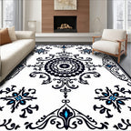Black Blue White Damask Floral Medallion Rug