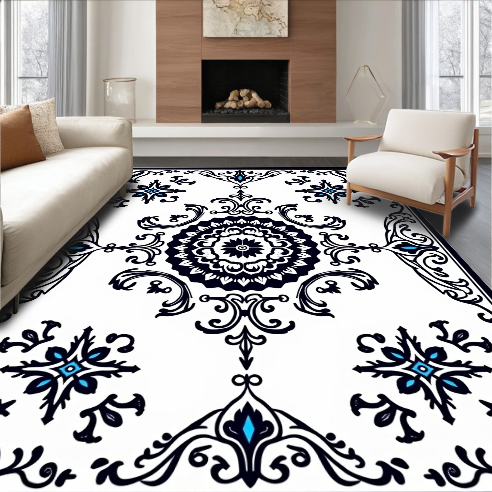 Black Blue White Damask Floral Medallion Rug