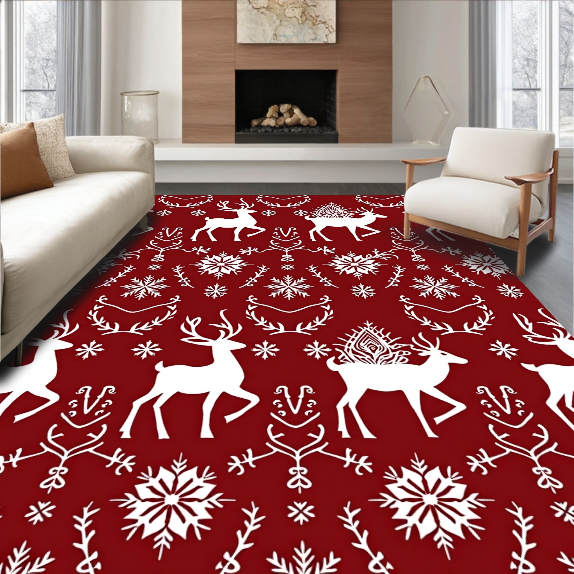 Crimson White Reindeer Snowflake Garland Rug