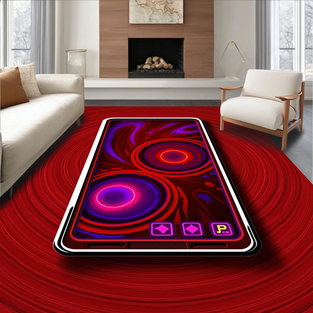 Crimson Swirls Neon Circles Rug