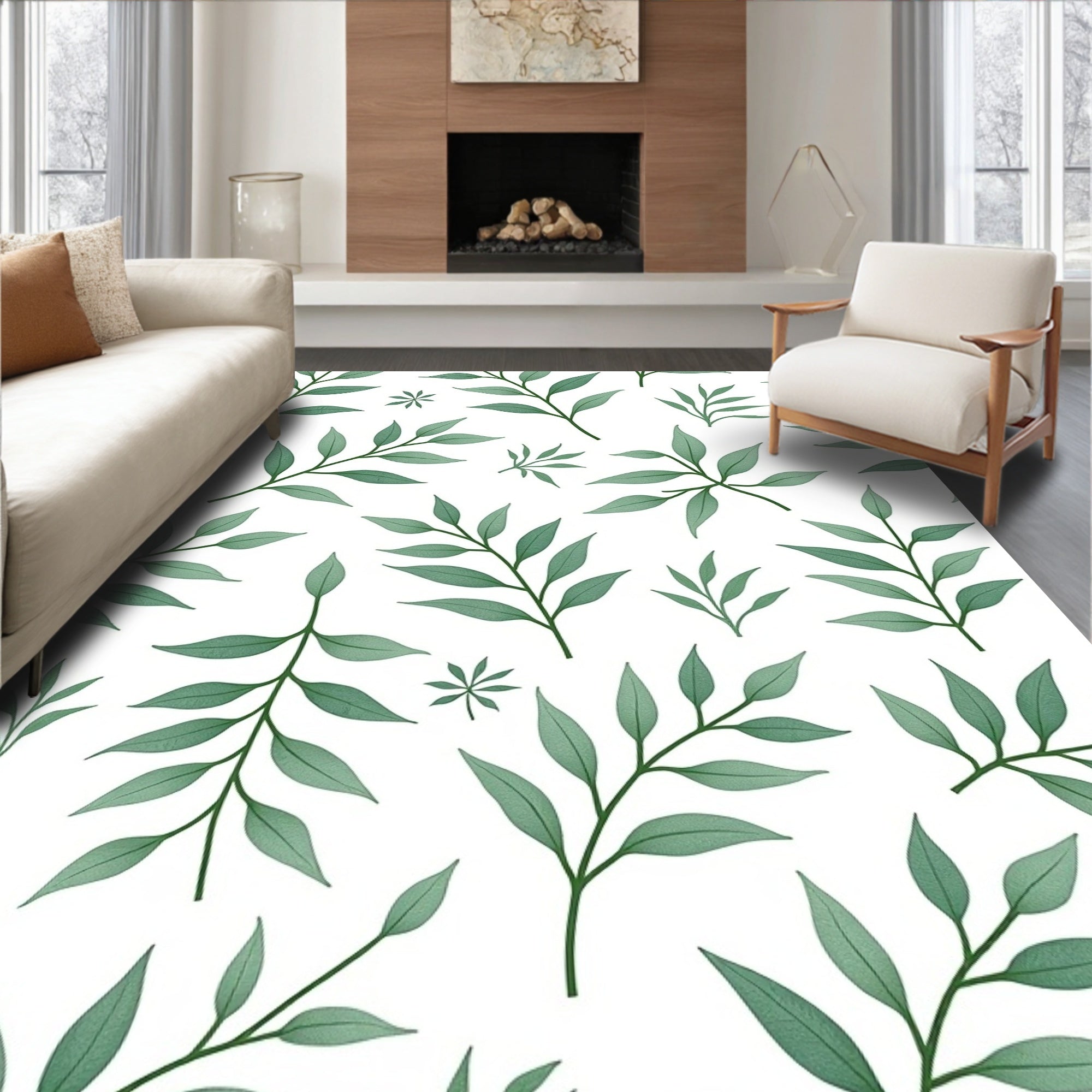 Earthy Green Leafy Branches Rug