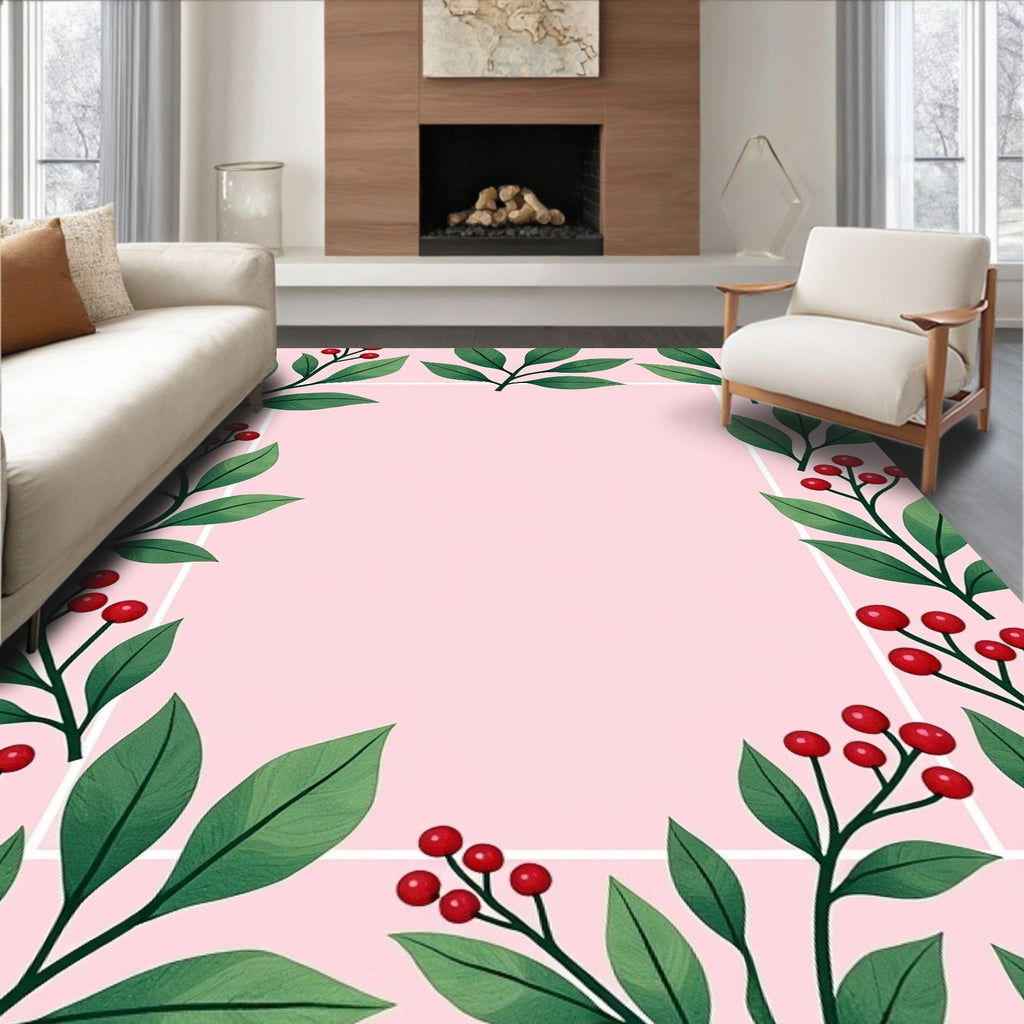 Pink Botanical Red Berry Leaf Border Rug