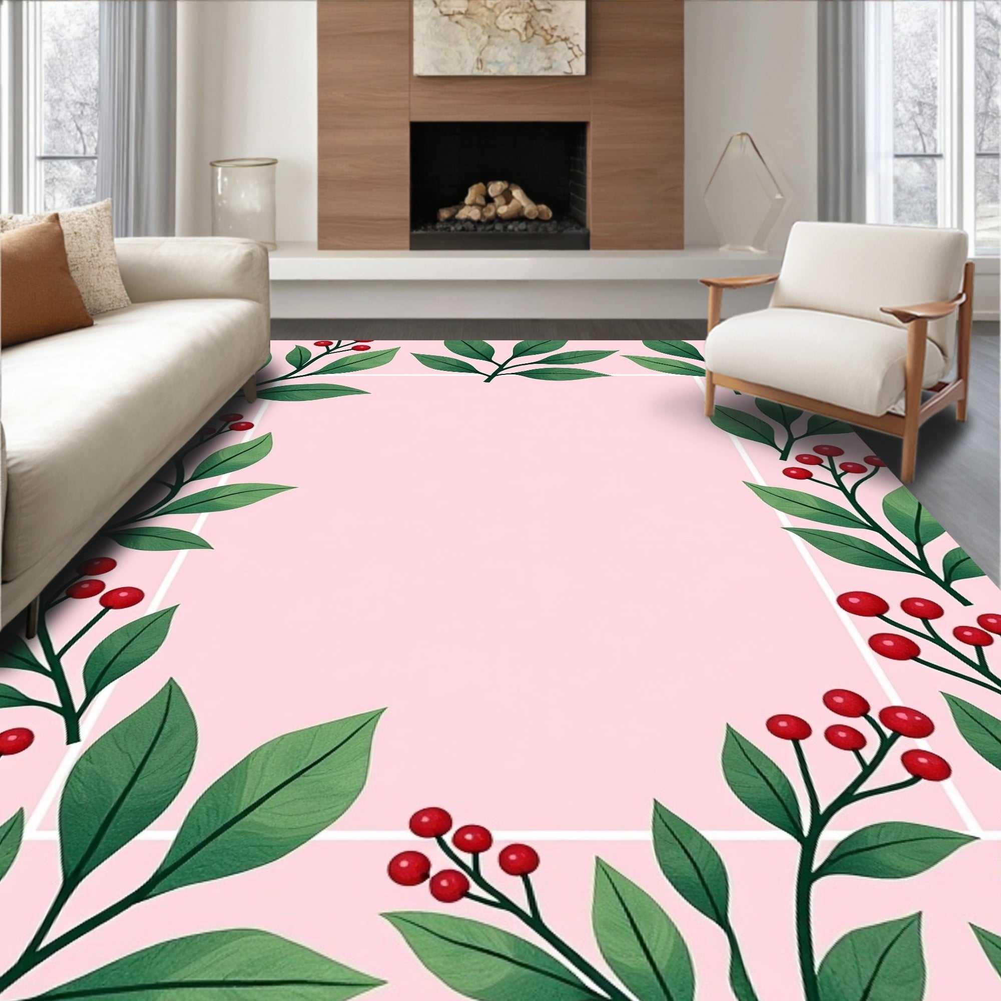 Pink Botanical Red Berry Leaf Border Rug
