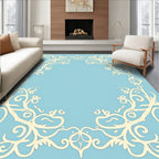 Ornate Cream Floral Border Sky Blue Rug