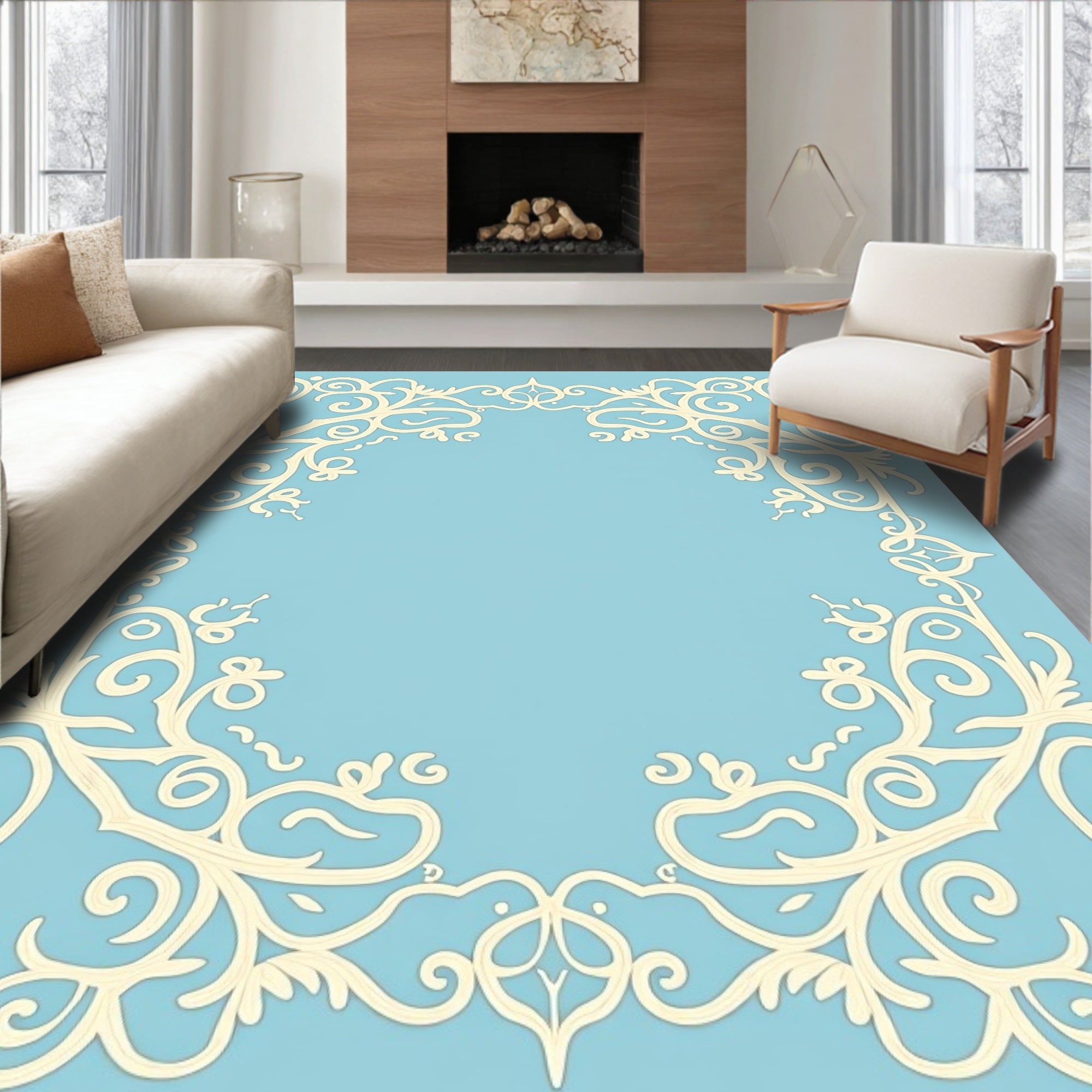 Ornate Cream Floral Border Sky Blue Rug