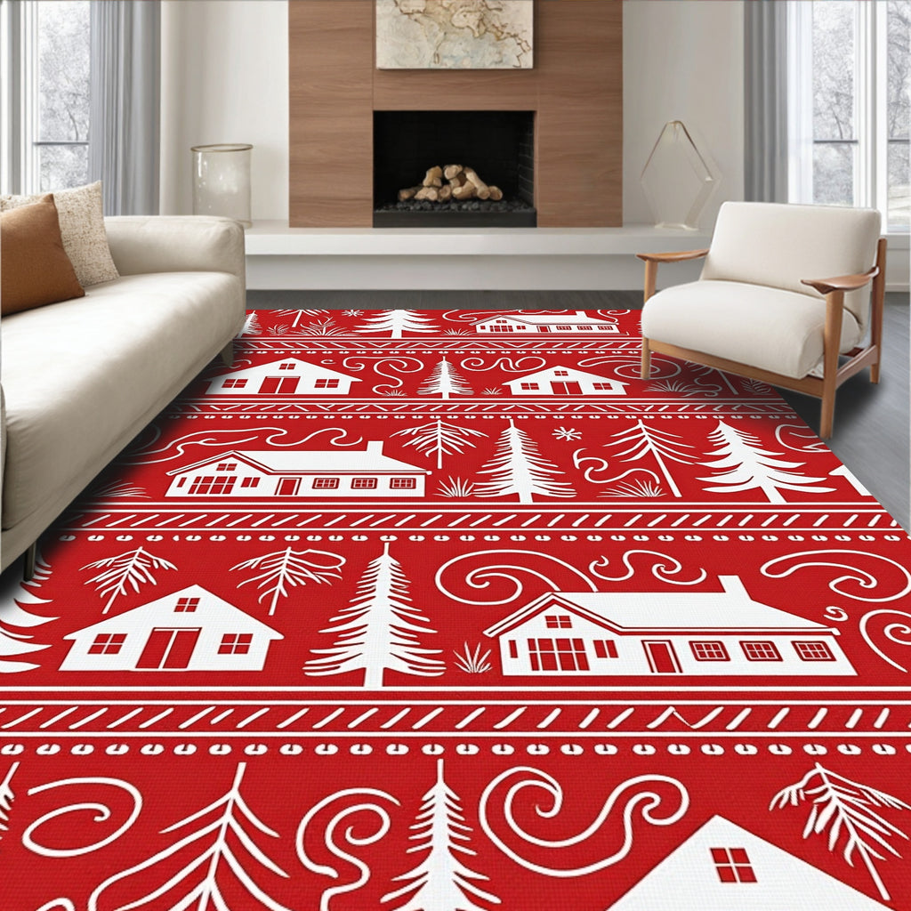 Festive Red White Village Trees Rug
