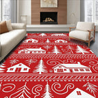 Festive Red White Village Trees Rug