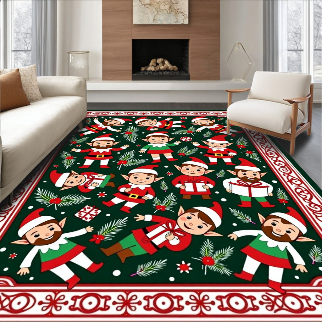 Festive Elves with Holly Border Garland Rug